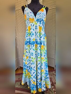 🍋Lemon Tile Print Maxi Dress w/ Beaded Accents-Blue & Yellow